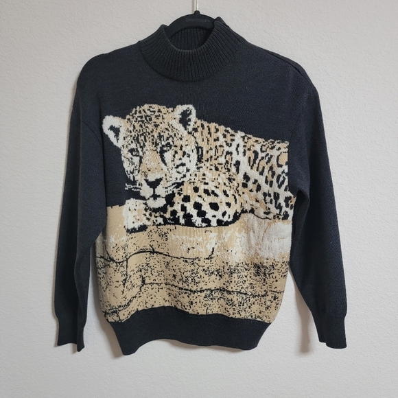 St John's 90's Knit Cheetah Mock Neck Sweater - Picture 1 of 5